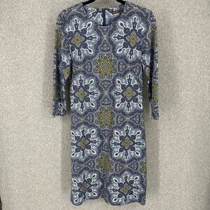 J McLaughlin Sophia Dress Size S Geometric Blue Catalina Cloth 3/4 Sleeve EUC